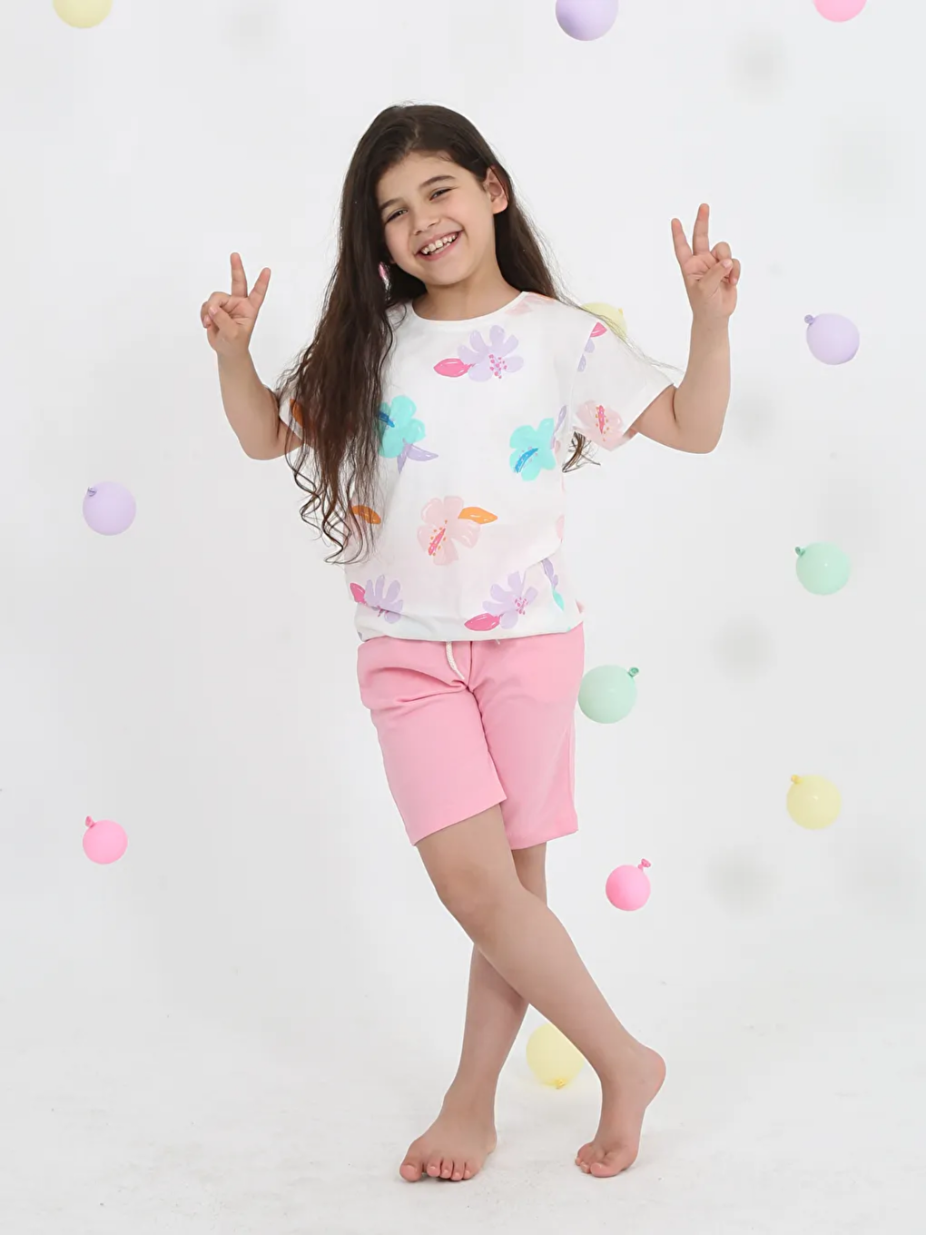 Pembe Bisiklet Yaka Baskılı Kız Bebek Tişört ve Şort 2'li Takım-1