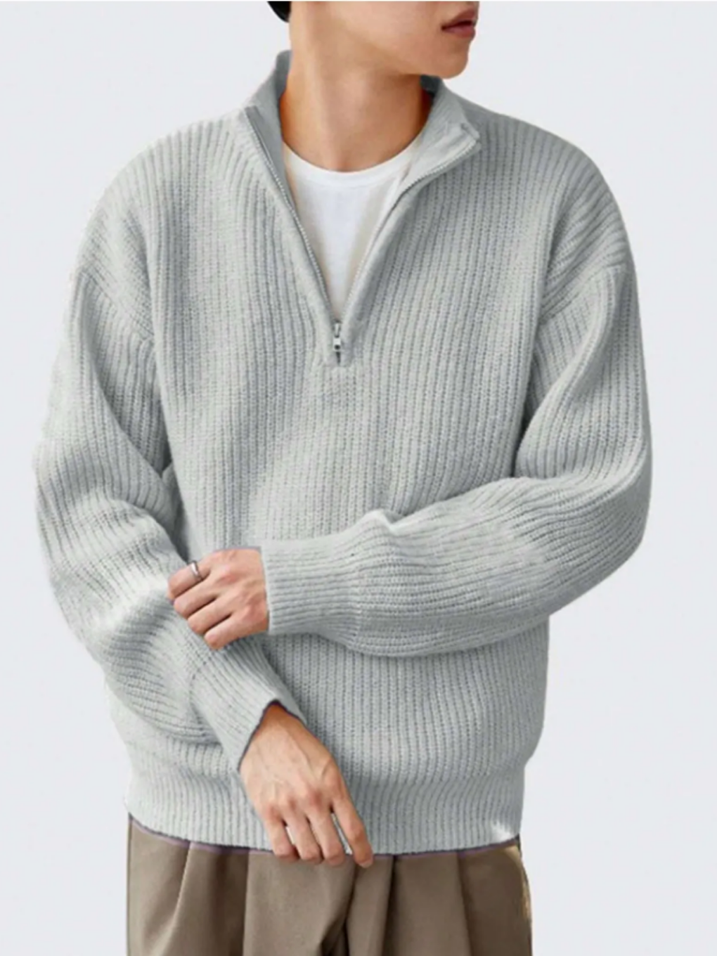 Gri Erkek Regular Dik Yaka Fermuarlı Balıkçı Triko Kazak-1