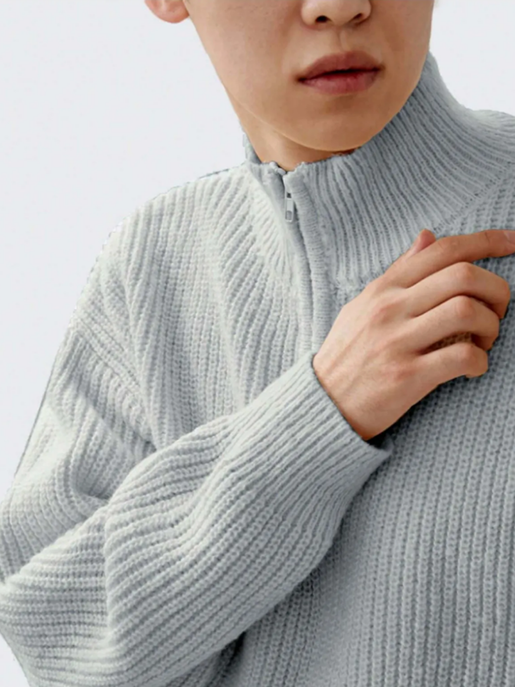 Gri Erkek Regular Dik Yaka Fermuarlı Balıkçı Triko Kazak-2