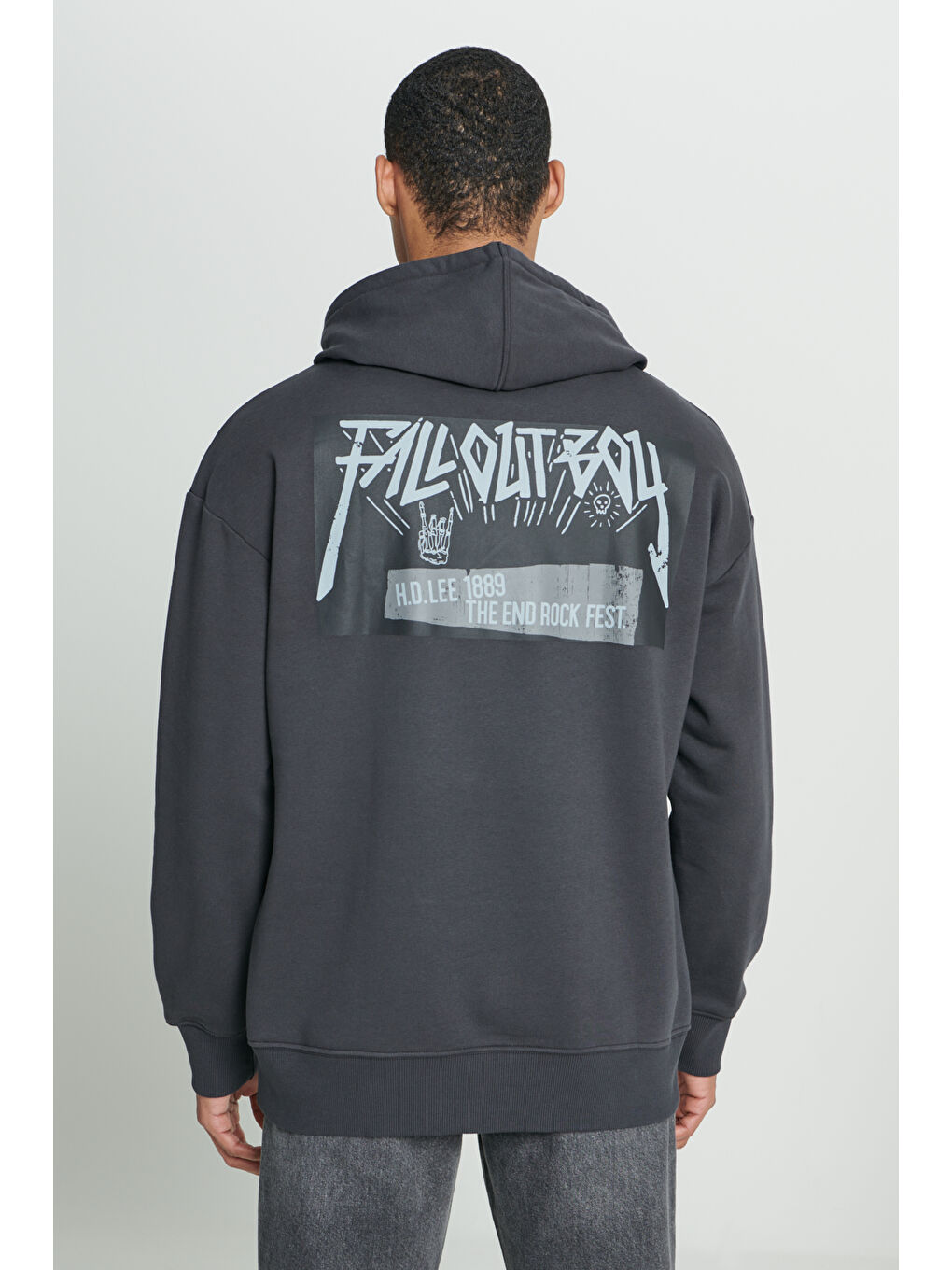 Loose Fit Rahat Kesim Kapüşonlu İçi Polarlı Sırt Baskılı Antrasit Sweatshirt-1