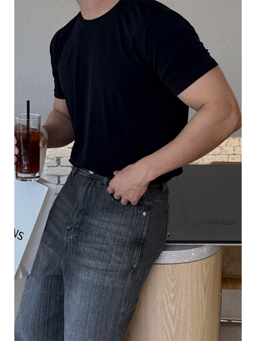 Erkek Slim Fit Dar Kesim %100 Pamuklu Basic Örme Siyah T-shirt-3