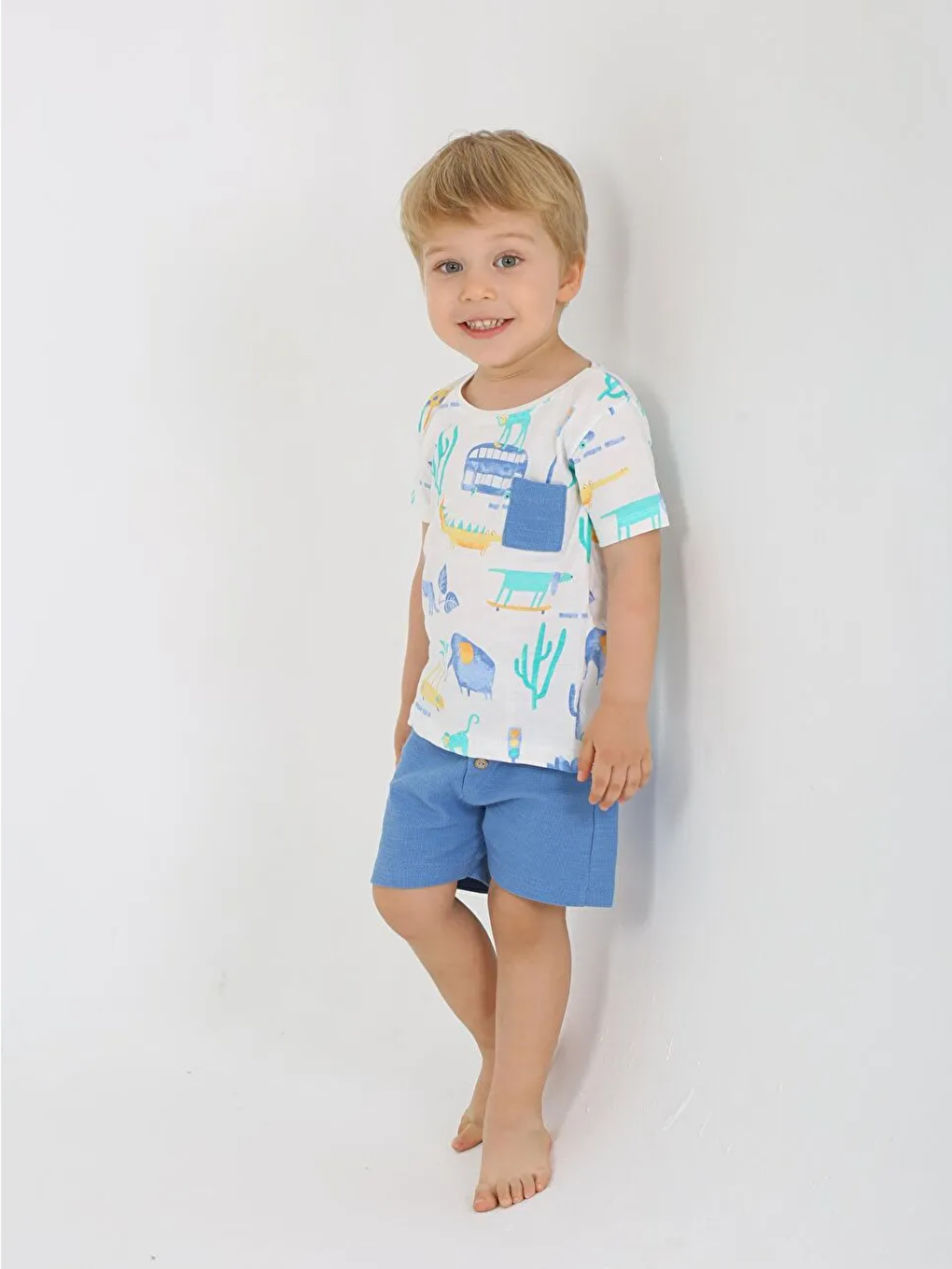 Mavi Bisiklet Yaka Baskılı Erkek Bebek Tişört ve Şort 2'li Takım-1