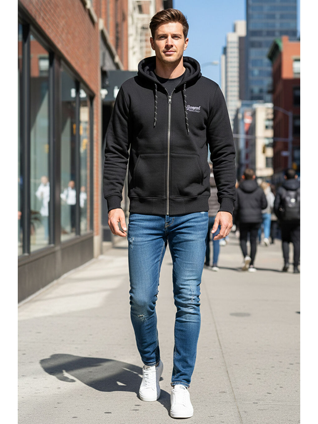 Erkek Üç İplik Şardonlu Pamuklu Önü Fermuarlı Kapüşonlu Tek Üst Ceket 0317 Siyah-3