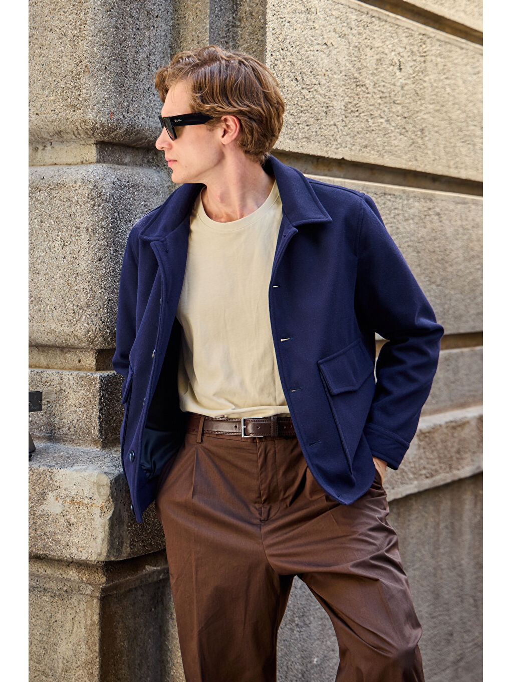 Erkek Gömlek Yaka Düğmeli Kaşe Mont Ceket Lacivert-1