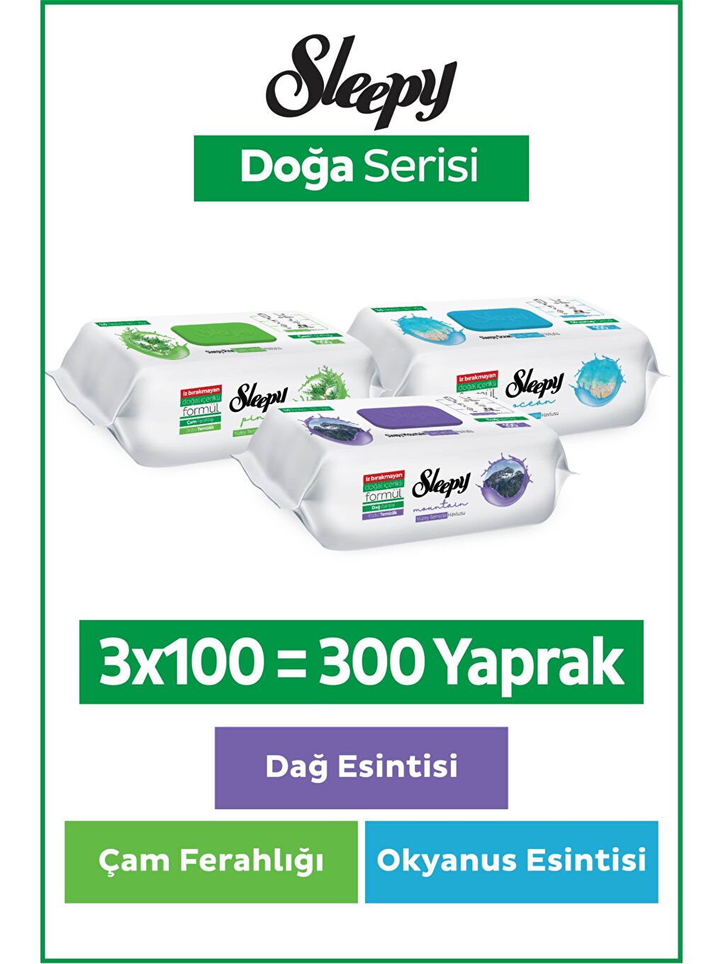 Doğa Serisi Yüzey Temizlik Havlusu&Mendili Çam&Okyanus&Dağ Esintisi 3x100 (300 Yaprak)