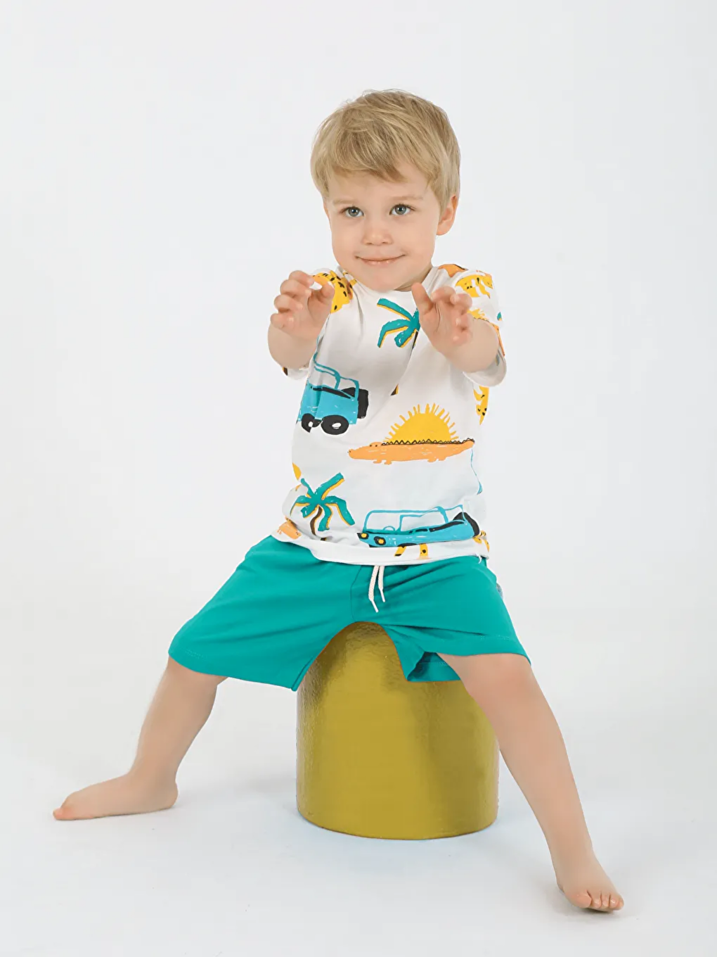 Yeşil Bisiklet Yaka Baskılı Erkek Bebek Tişört ve Şort 2'li Takım-1