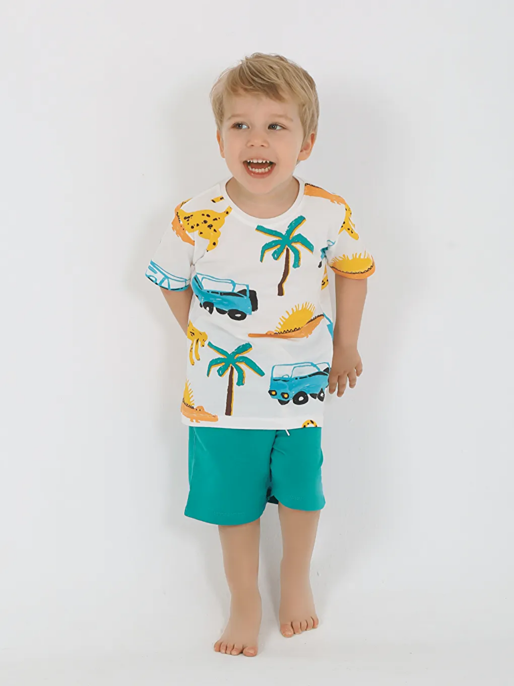 Yeşil Bisiklet Yaka Baskılı Erkek Bebek Tişört ve Şort 2'li Takım-2