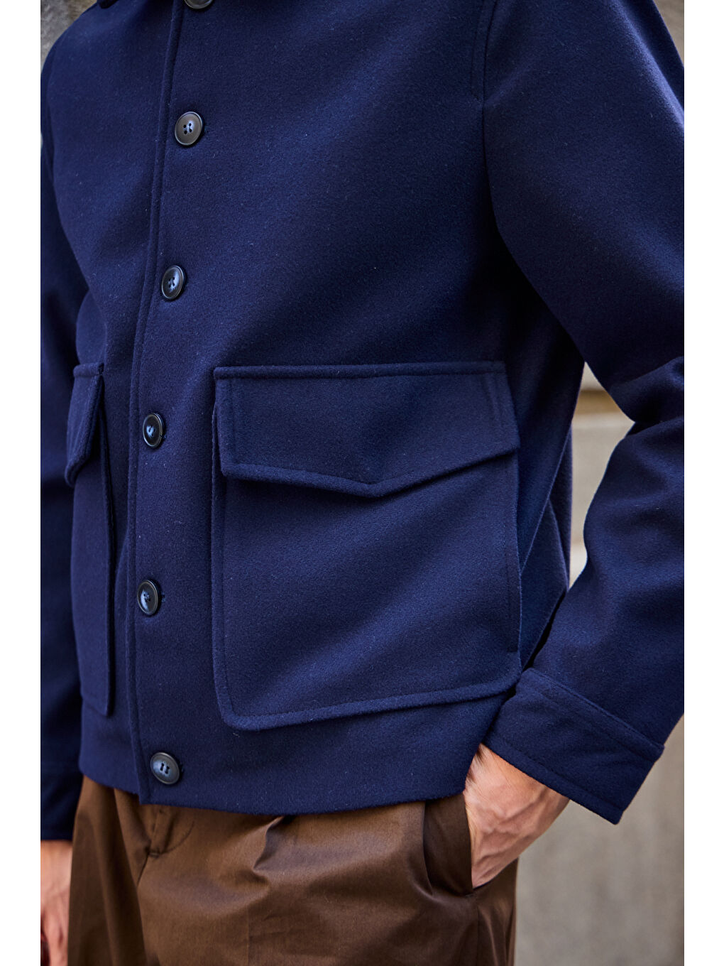 Erkek Gömlek Yaka Düğmeli Kaşe Mont Ceket Lacivert-2