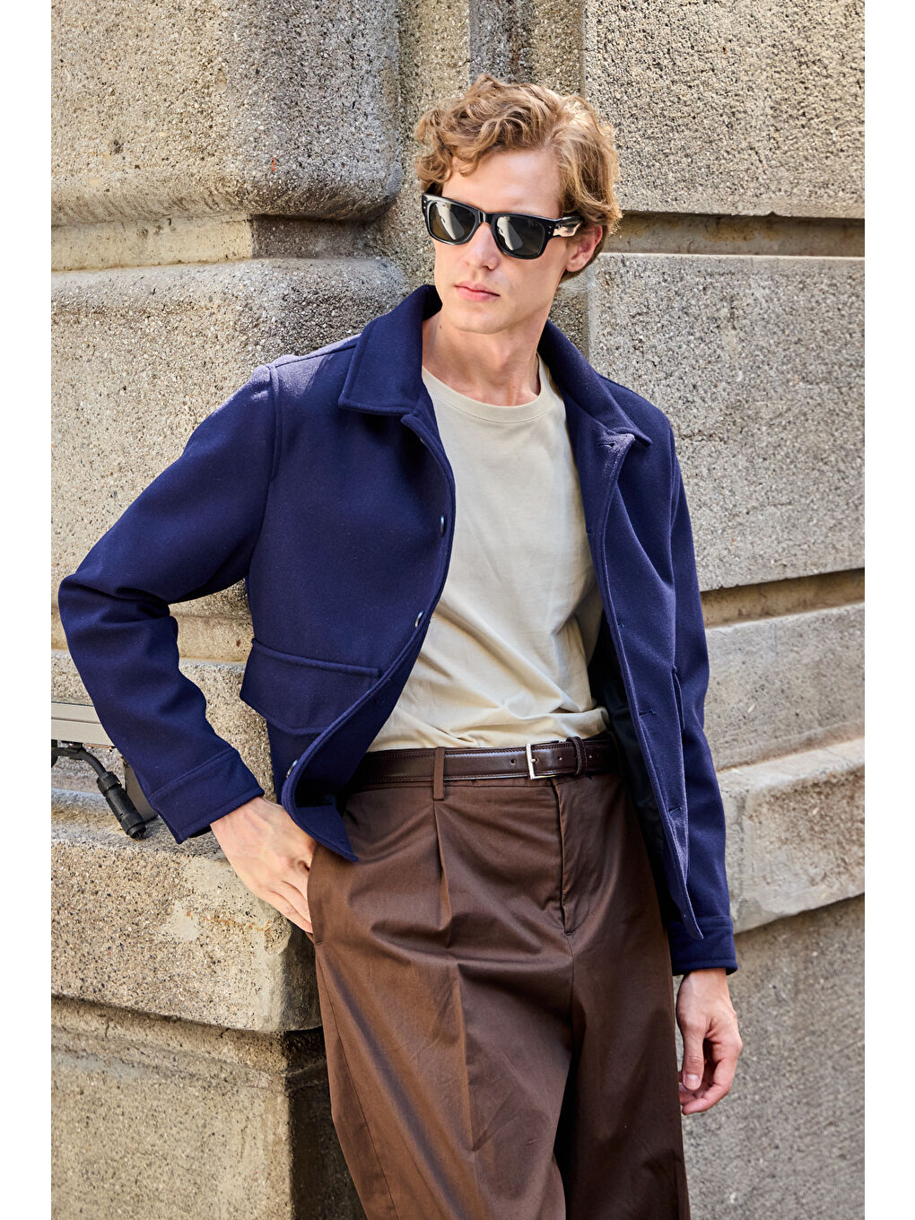 Erkek Gömlek Yaka Düğmeli Kaşe Mont Ceket Lacivert-3