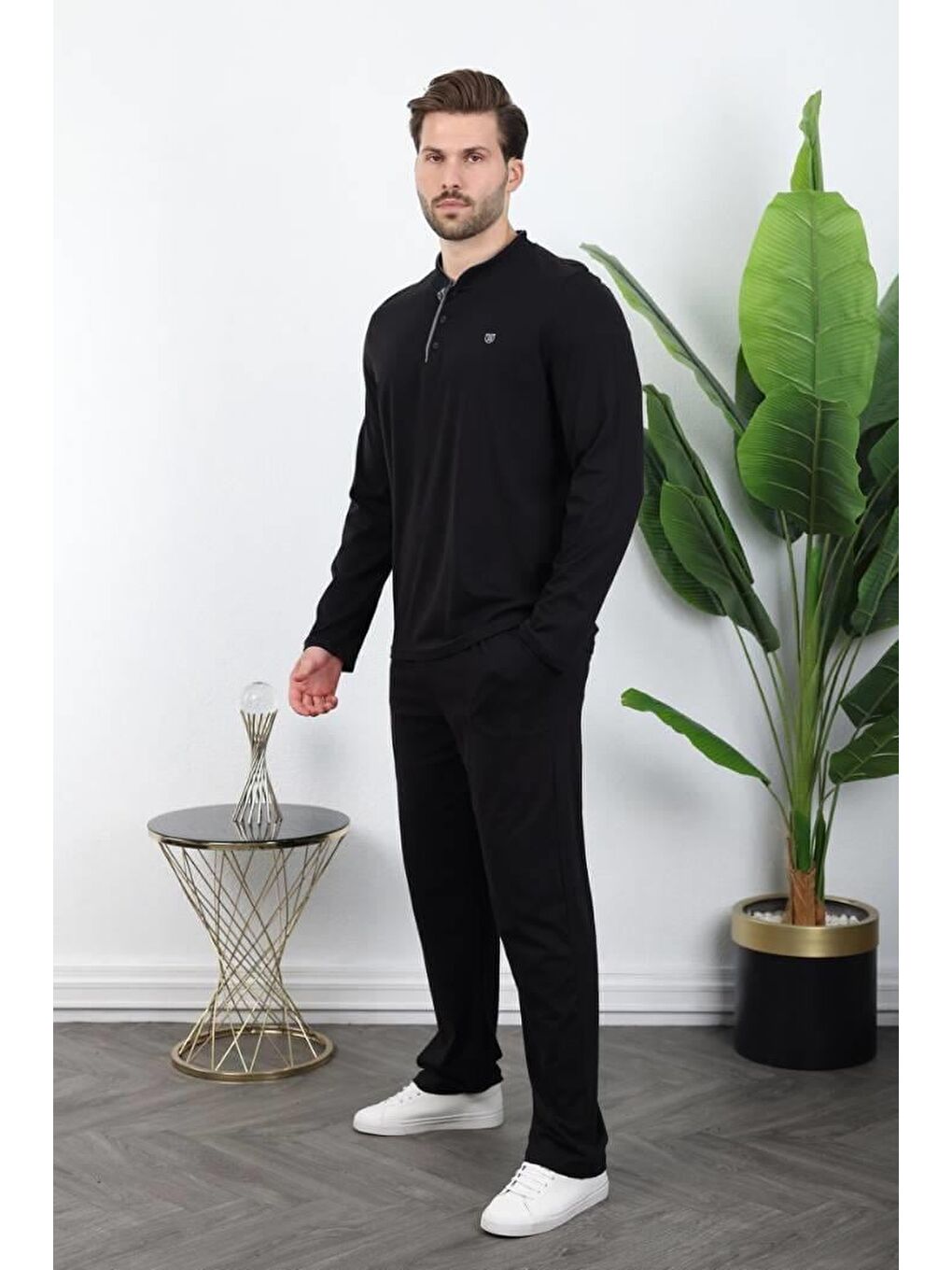 Siyah %100 Pamuklu Düğmeli Yaka Erkek Pijama Takımı E7333