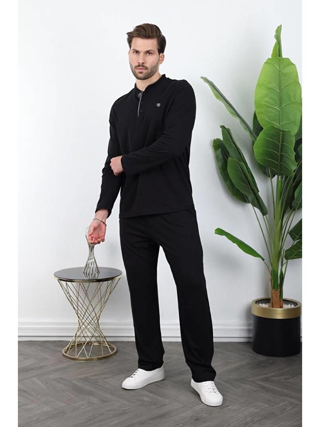 Siyah %100 Pamuklu Düğmeli Yaka Erkek Pijama Takımı E7333-1