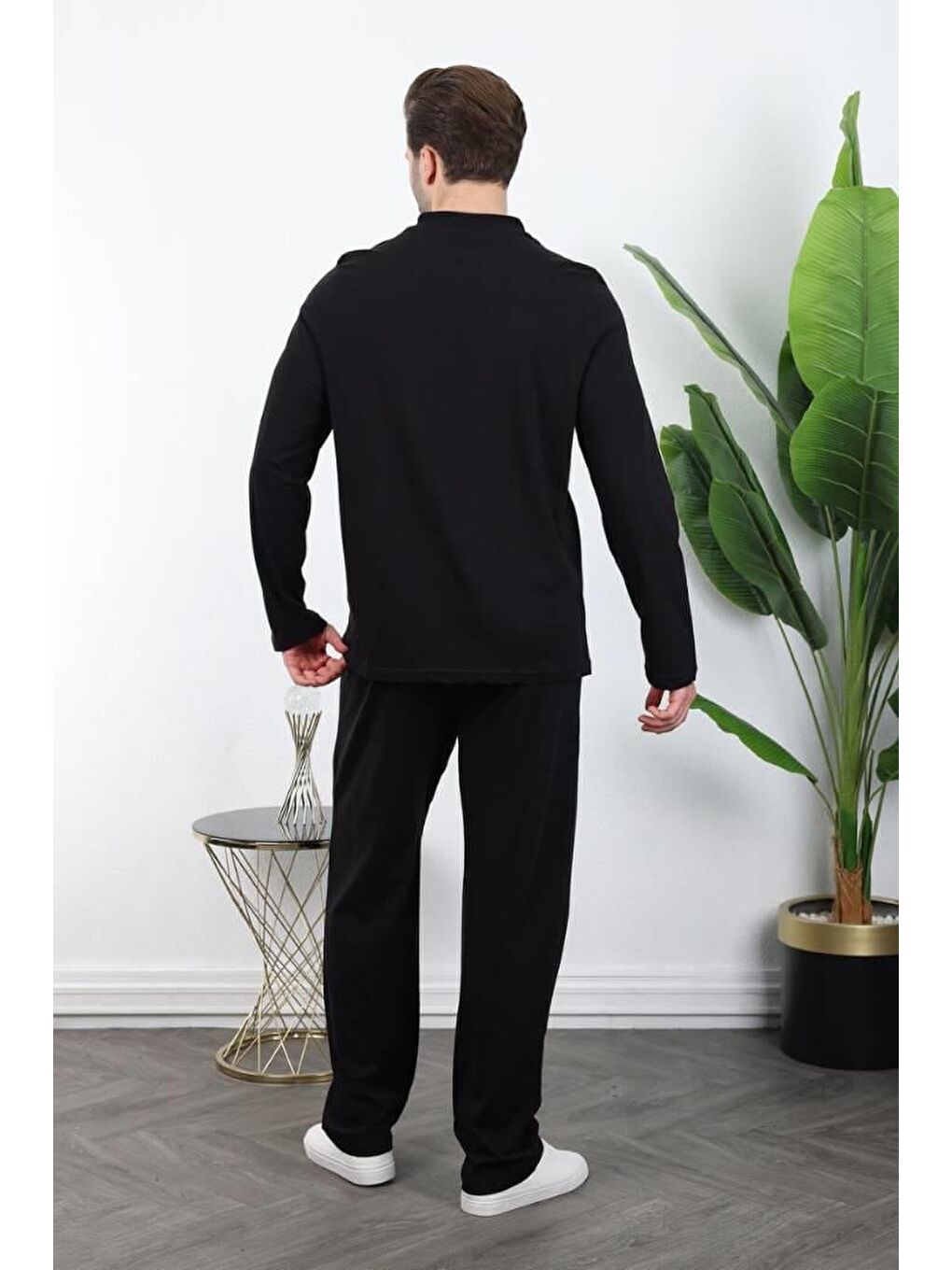 Siyah %100 Pamuklu Düğmeli Yaka Erkek Pijama Takımı E7333-2