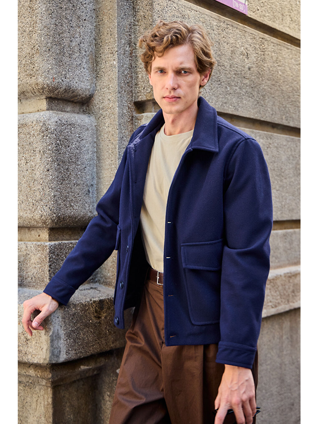 Erkek Gömlek Yaka Düğmeli Kaşe Mont Ceket Lacivert-5