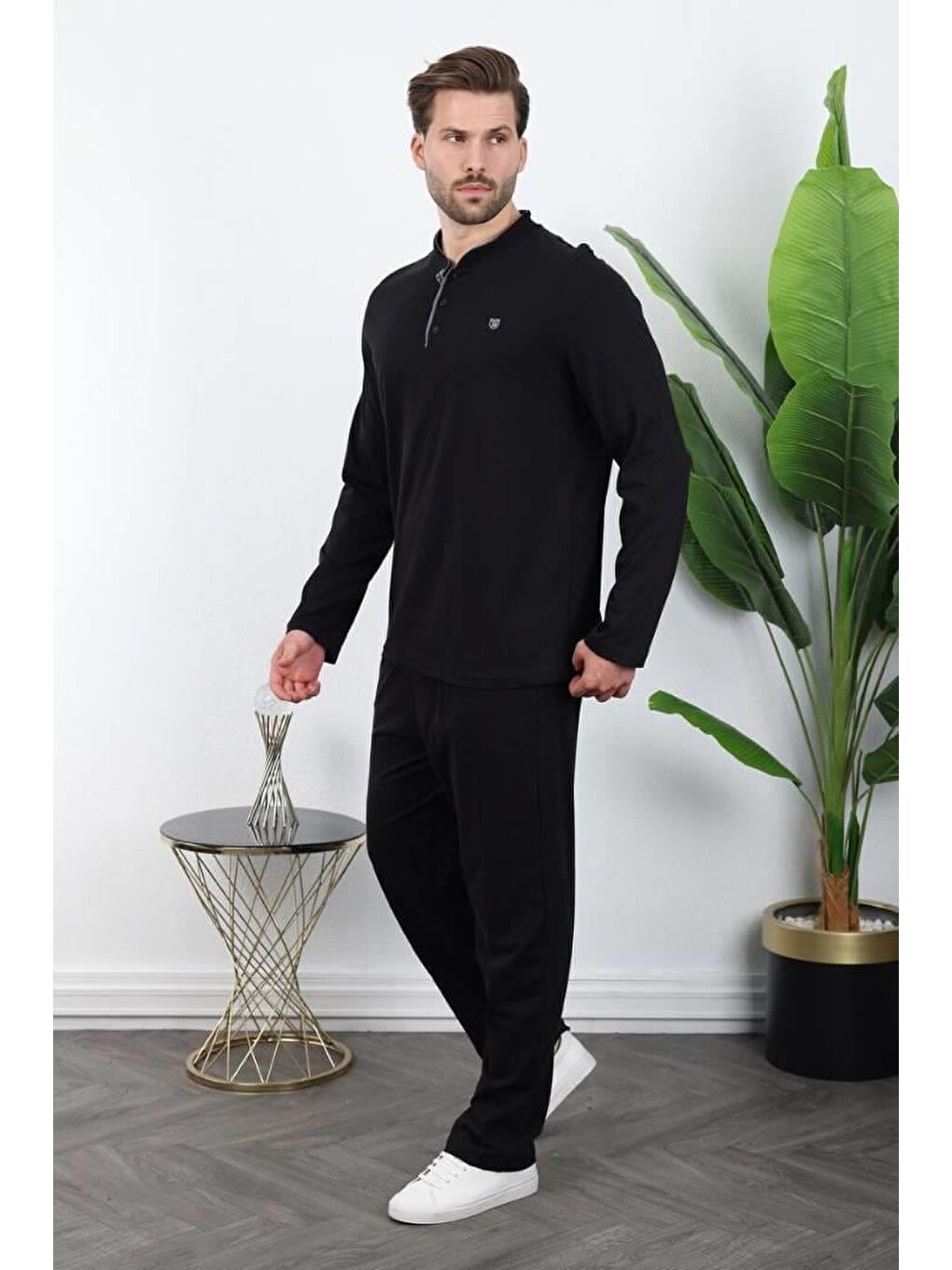 Siyah %100 Pamuklu Düğmeli Yaka Erkek Pijama Takımı E7333-3