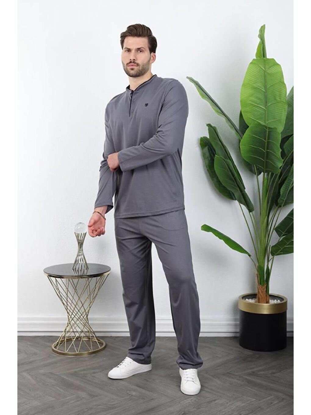 Gri Füme %100 Pamuklu Düğmeli Yaka Erkek Pijama Takımı E7333