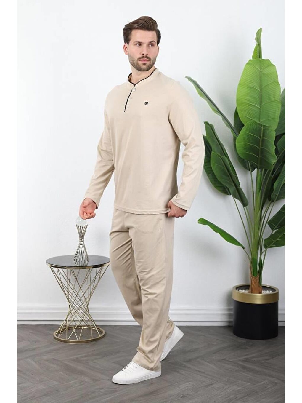 Bej %100 Pamuklu Düğmeli Yaka Erkek Pijama Takımı E7333