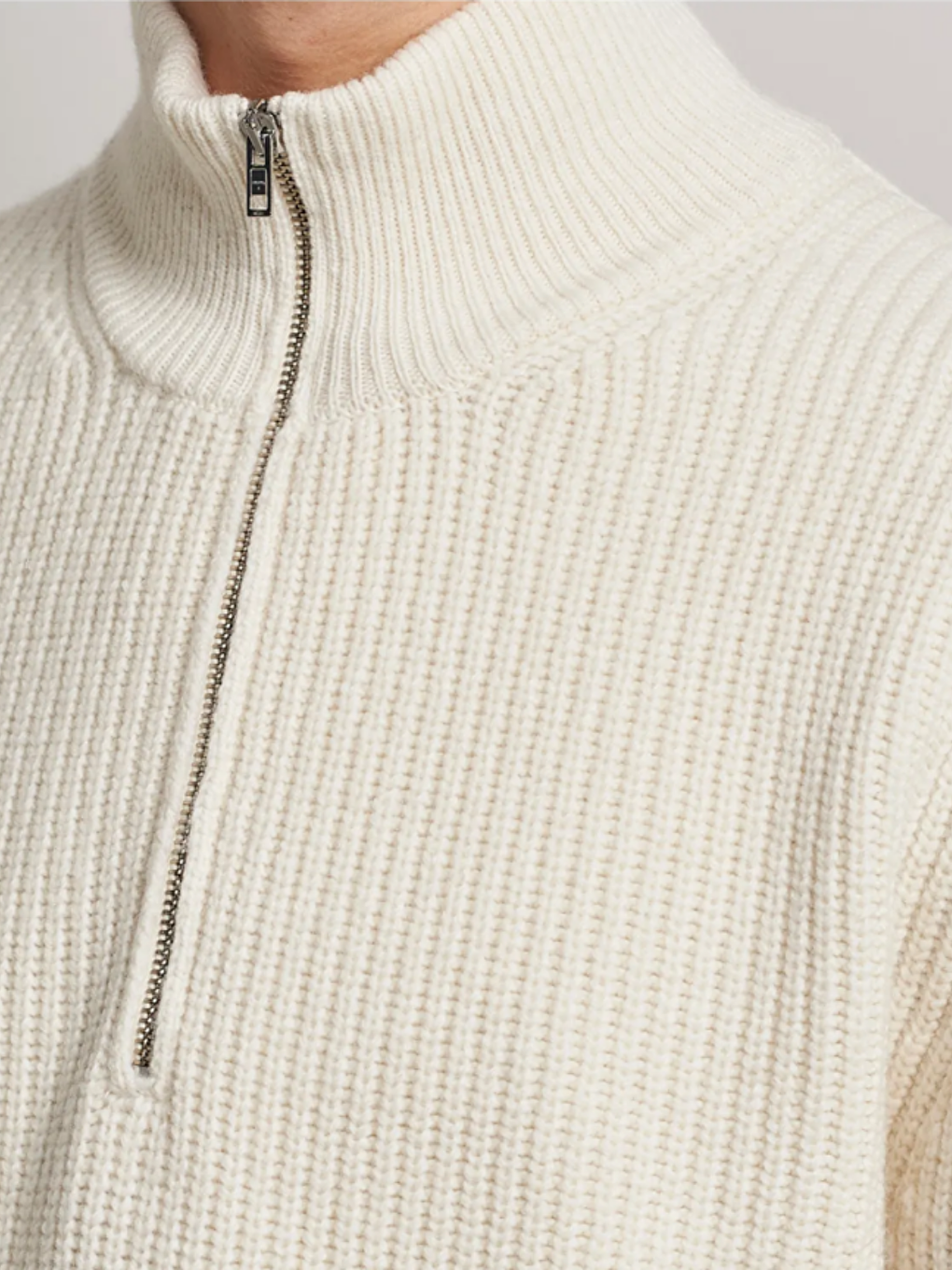 Beyaz Erkek Regular Balıkçı Yaka Fermuarlı Balıkçı Triko Kazak-2