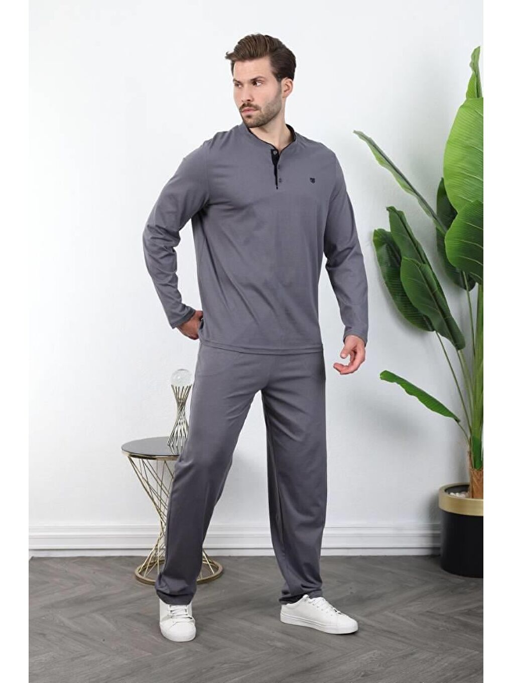 Gri Füme %100 Pamuklu Düğmeli Yaka Erkek Pijama Takımı E7333-1