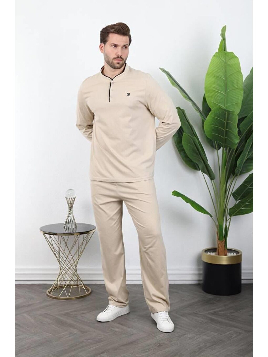 Bej %100 Pamuklu Düğmeli Yaka Erkek Pijama Takımı E7333-1