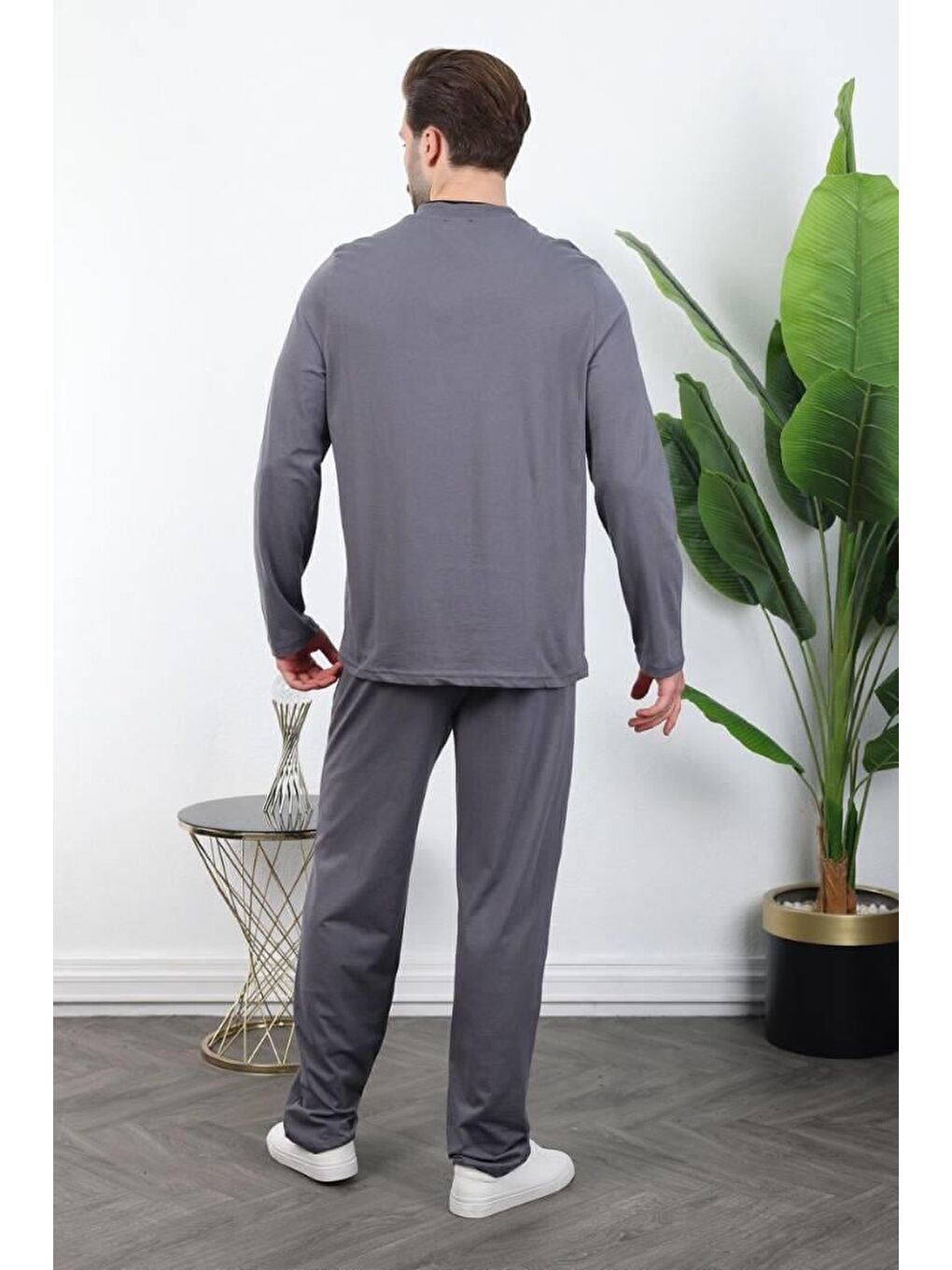 Gri Füme %100 Pamuklu Düğmeli Yaka Erkek Pijama Takımı E7333-2