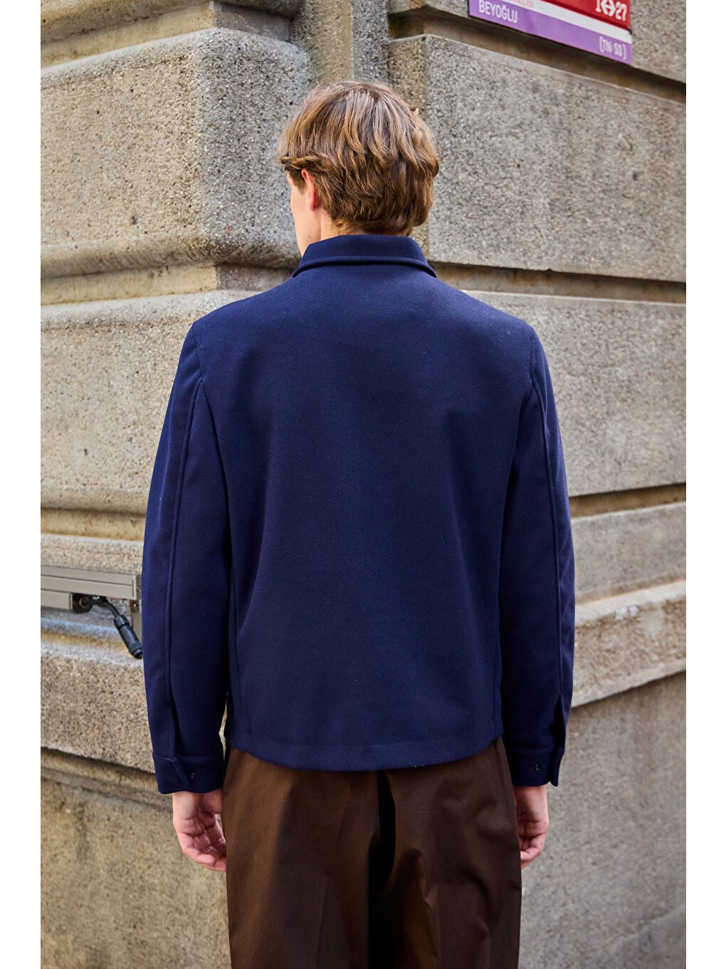 Erkek Gömlek Yaka Düğmeli Kaşe Mont Ceket Lacivert-6