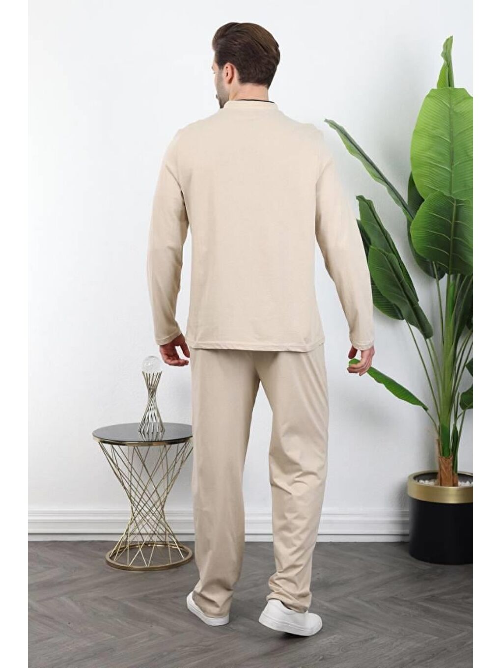 Bej %100 Pamuklu Düğmeli Yaka Erkek Pijama Takımı E7333-2