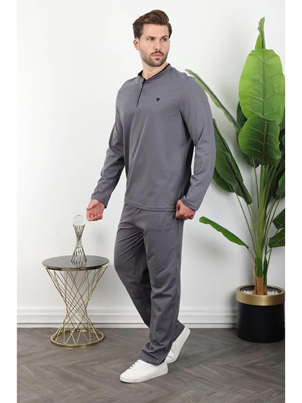 Gri Füme %100 Pamuklu Düğmeli Yaka Erkek Pijama Takımı E7333-3