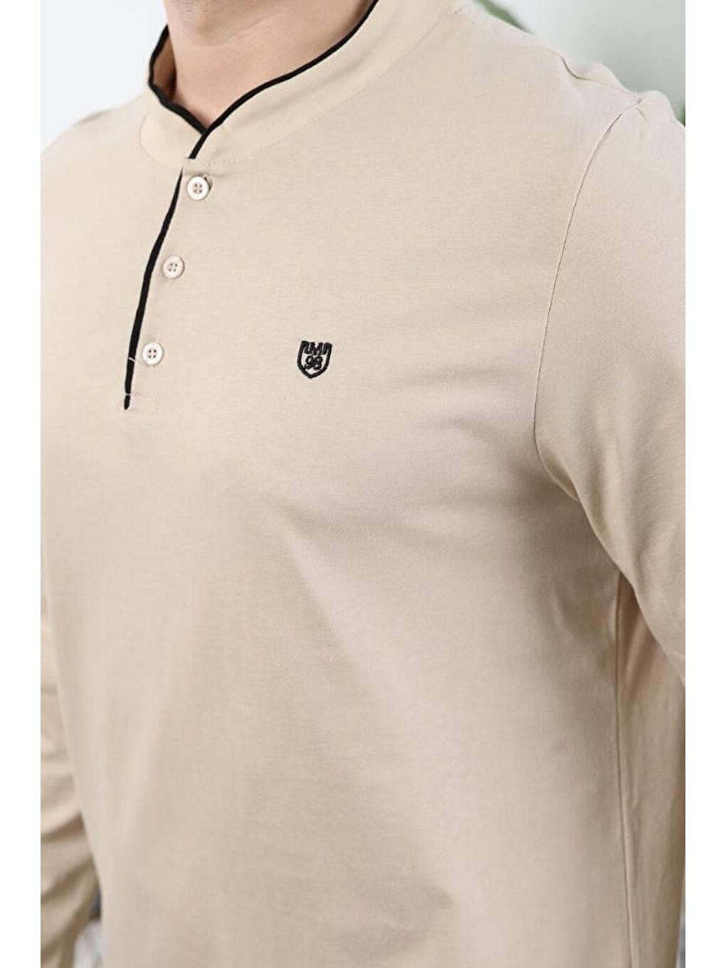 Bej %100 Pamuklu Düğmeli Yaka Erkek Pijama Takımı E7333-3