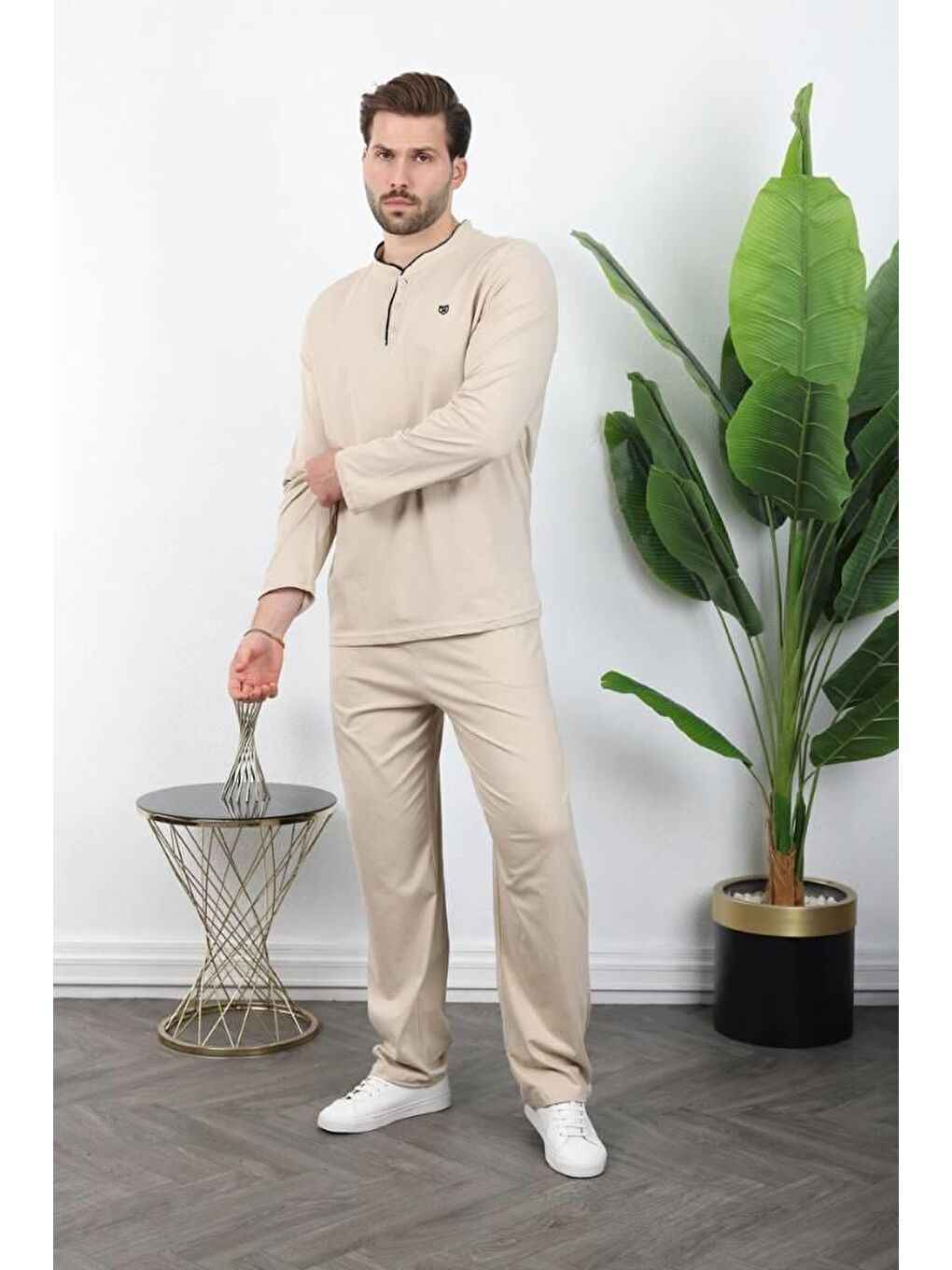 Bej %100 Pamuklu Düğmeli Yaka Erkek Pijama Takımı E7333-4