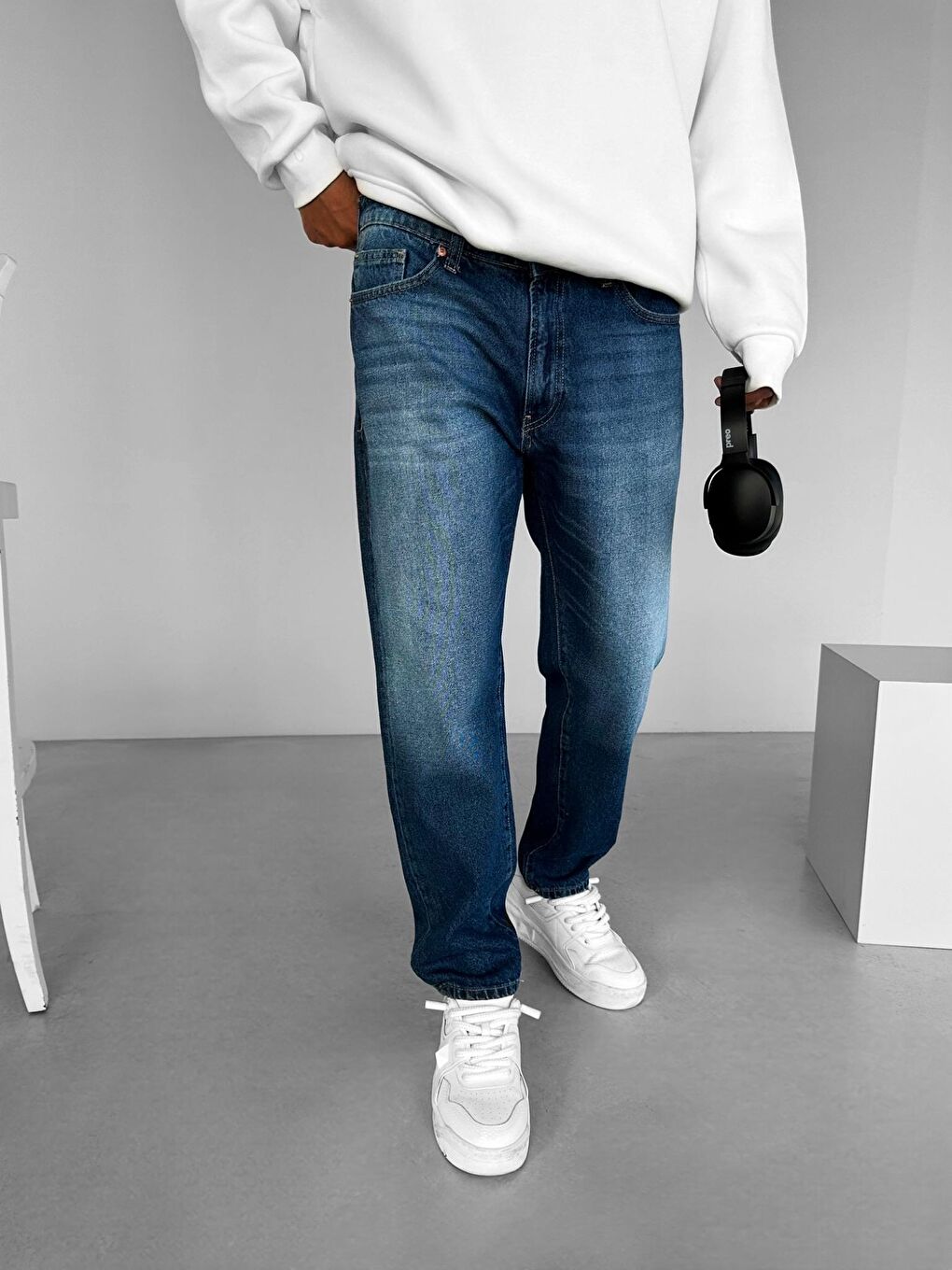 Erkek Baggy Fit %100 Pamuk Jean Pantolon Mavi-1