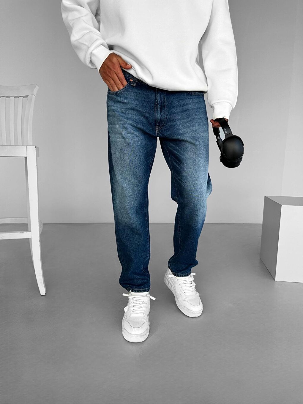 Erkek Baggy Fit %100 Pamuk Jean Pantolon Mavi-2