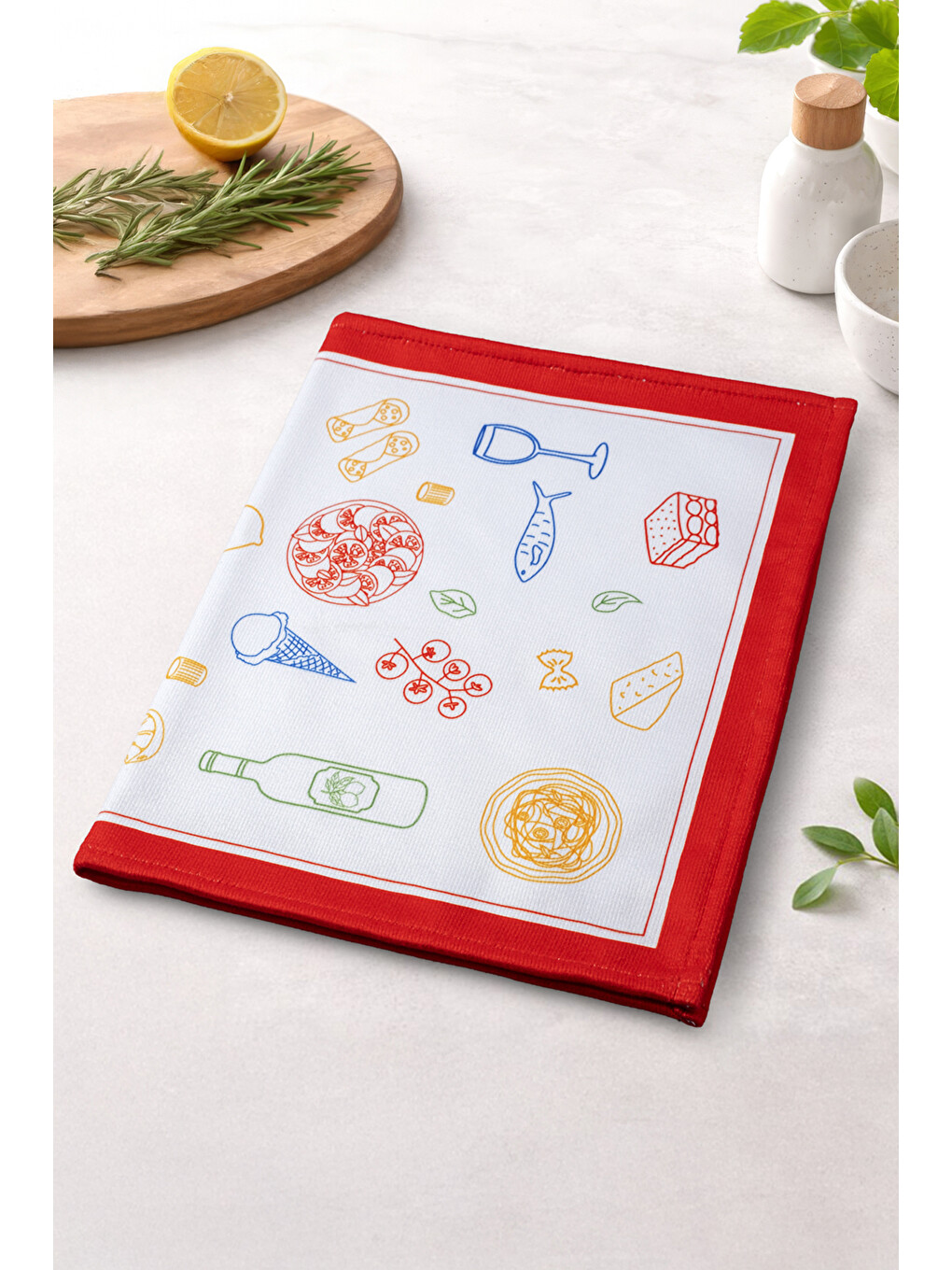 Beyaz Gusto Renkli Mutfak Temalı Desenli Kırmızı Kenarlı Dekoratif Mutfak Havlusu/Kurulama Bezi 35x55-1