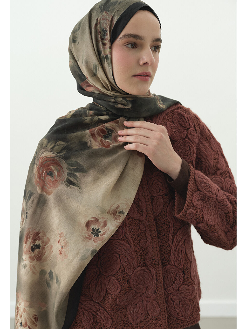 Yeşil MARIELLE DESENLİ PAMUK VİSKON ŞAL KOYU YEŞİL-1