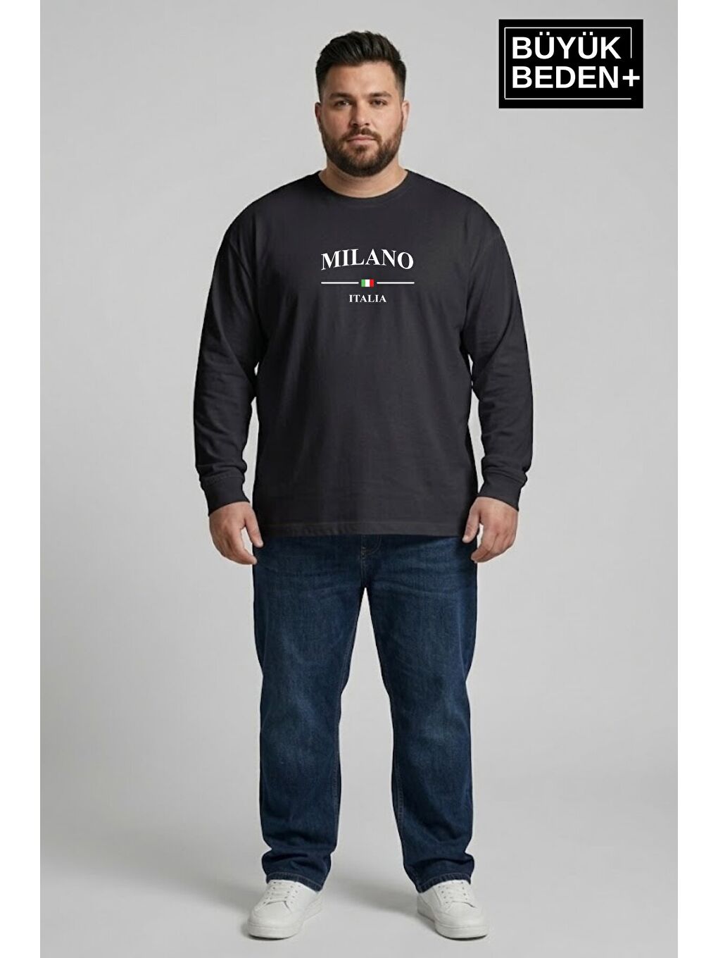 Siyah Erkek Büyük Beden Milano İtalia Baskılı 2 İplik Bisiklet Yaka Tişört SPR26BTS942-9