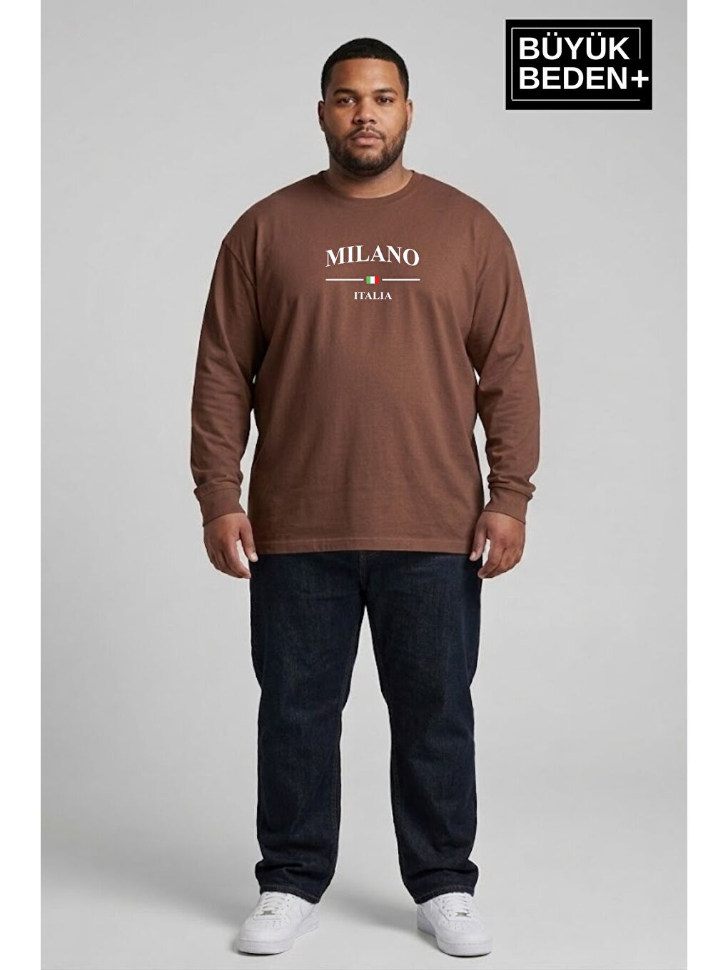 Kahverengi Erkek Büyük Beden Milano İtalia Baskılı 2 İplik Bisiklet Yaka Tişört SPR26BTS942-9