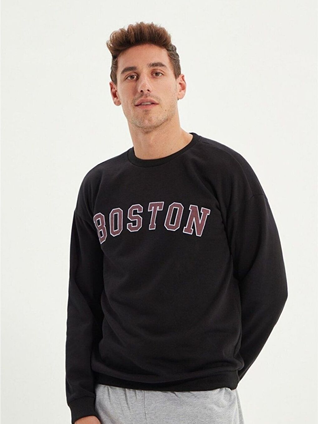2Li Set Siyah+Gri Boston Baskılı Bisiklet Yaka Oversize Sweatshirt-2
