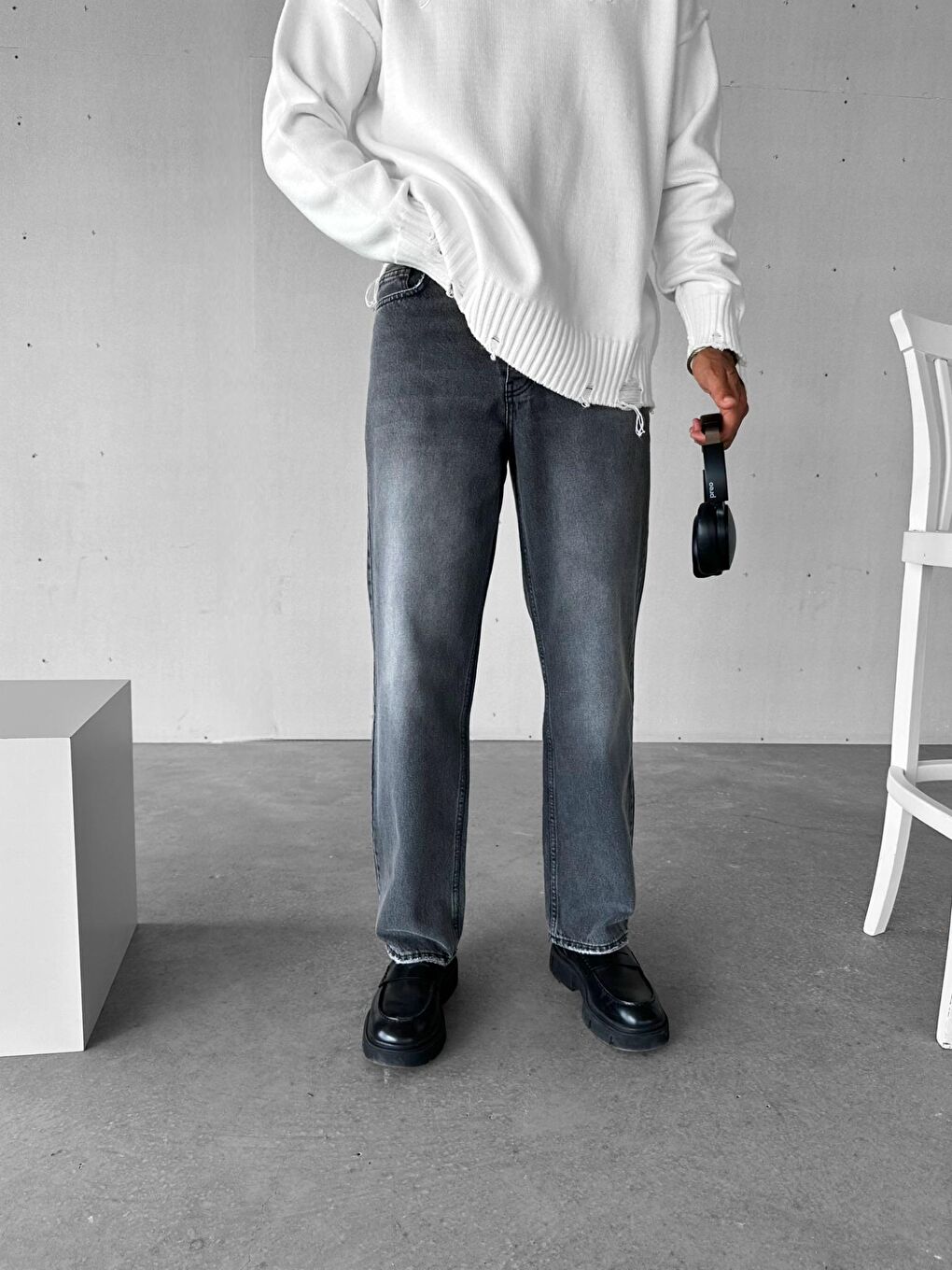 Erkek Baggy Fit Jean Pantolon Gri