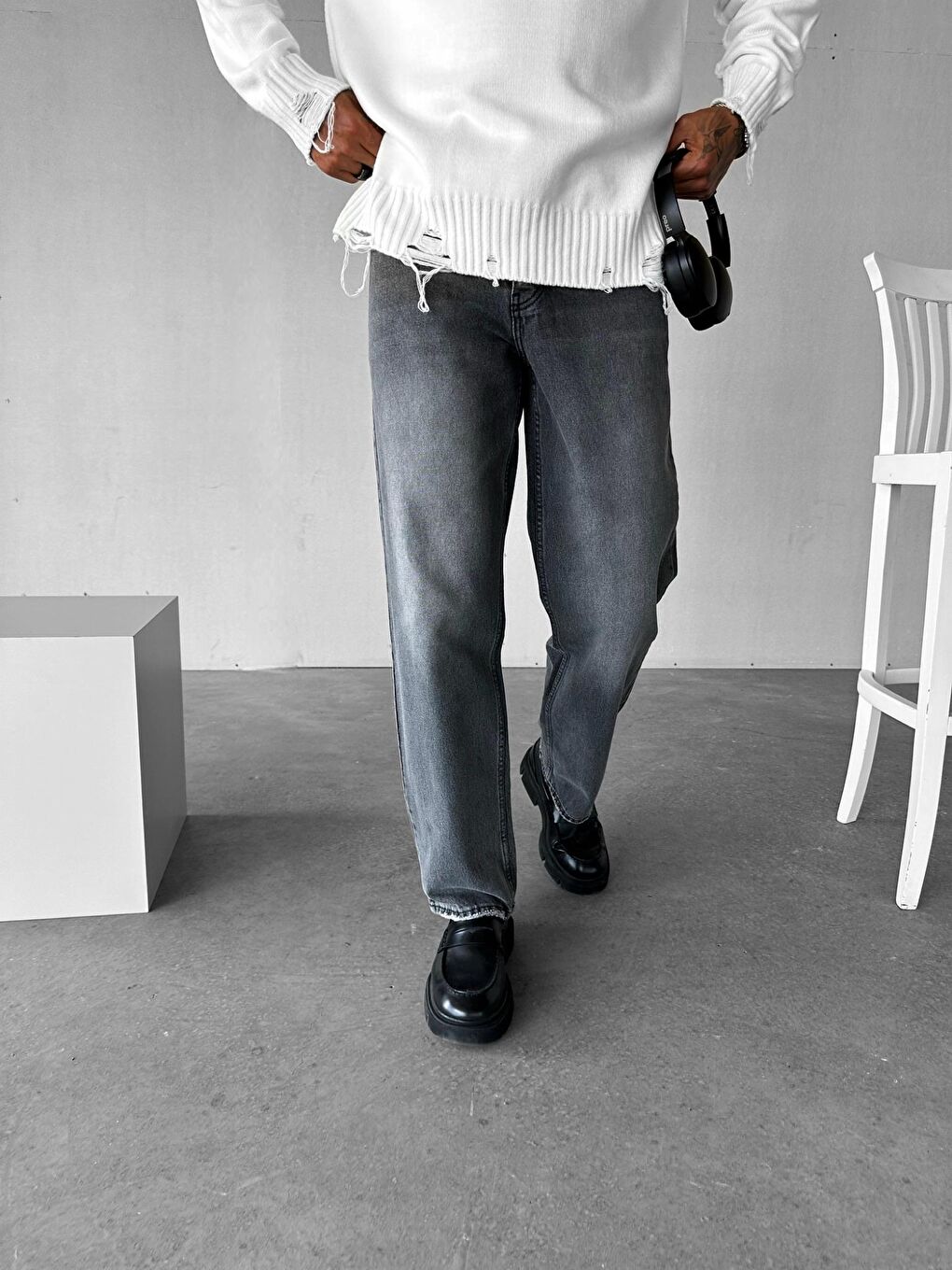 Erkek Baggy Fit Jean Pantolon Gri-1