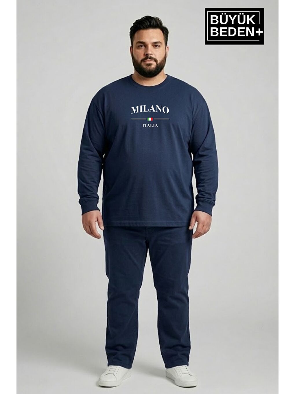 Lacivert Erkek Büyük Beden Milano İtalia Baskılı 2 İplik Bisiklet Yaka Tişört SPR26BTS942-9