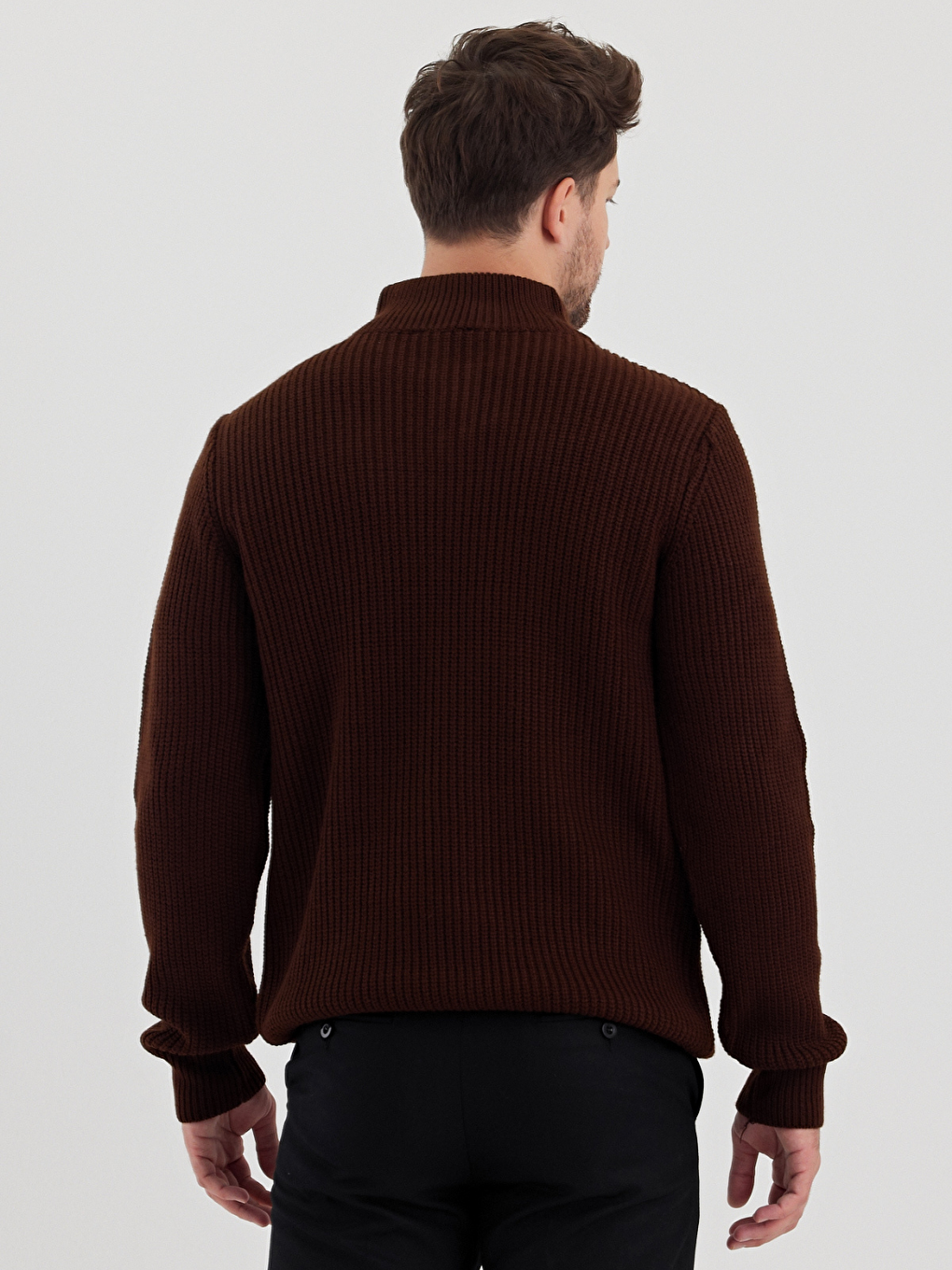 Kahverengi Erkek Regular Dik Yaka Fermuarlı Balıkçı Triko Kazak-1