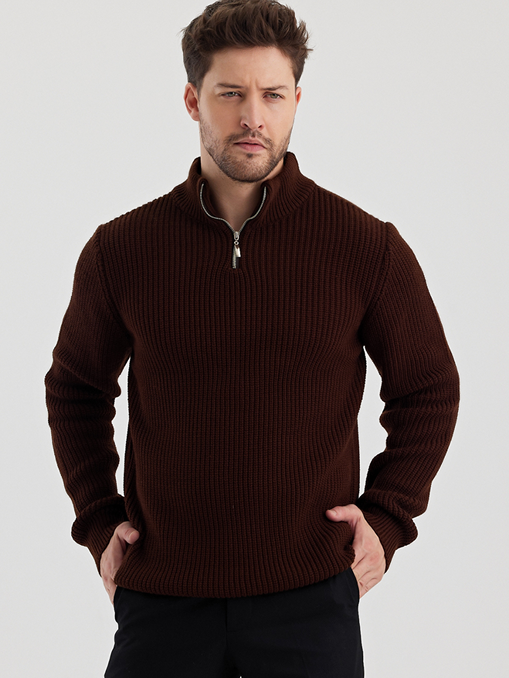Kahverengi Erkek Regular Dik Yaka Fermuarlı Balıkçı Triko Kazak-2