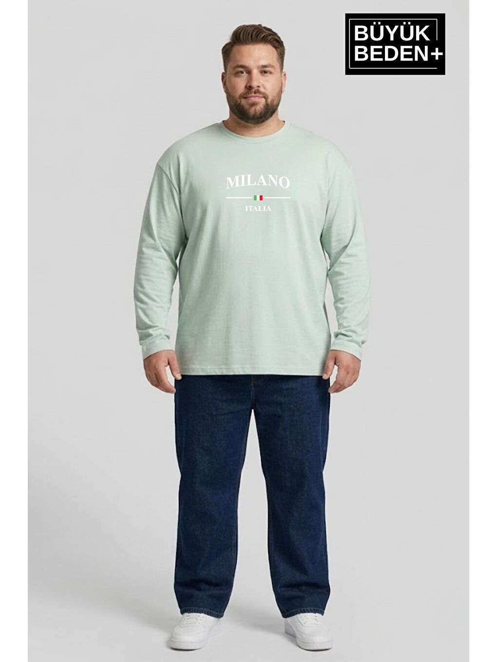 Turkuaz Erkek Büyük Beden Milano İtalia Baskılı 2 İplik Bisiklet Yaka Tişört SPR26BTS942-9