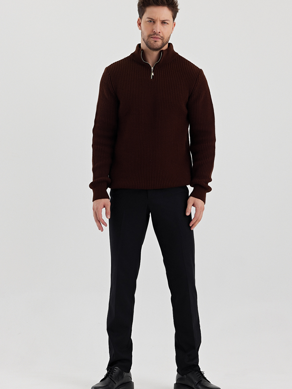 Kahverengi Erkek Regular Dik Yaka Fermuarlı Balıkçı Triko Kazak-3