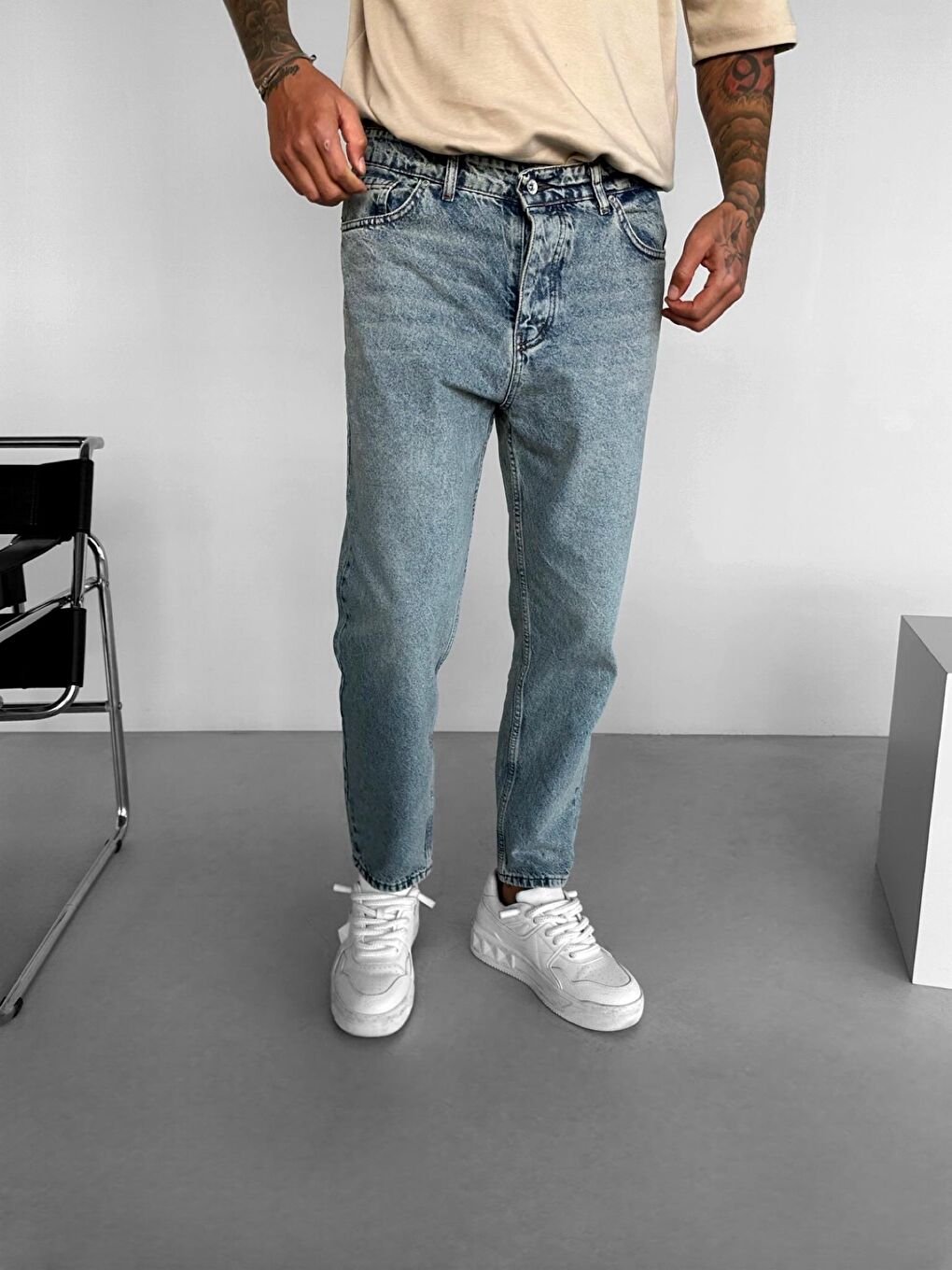 Erkek Boyfriend Fit Yıkamalı Jean Mavi-1