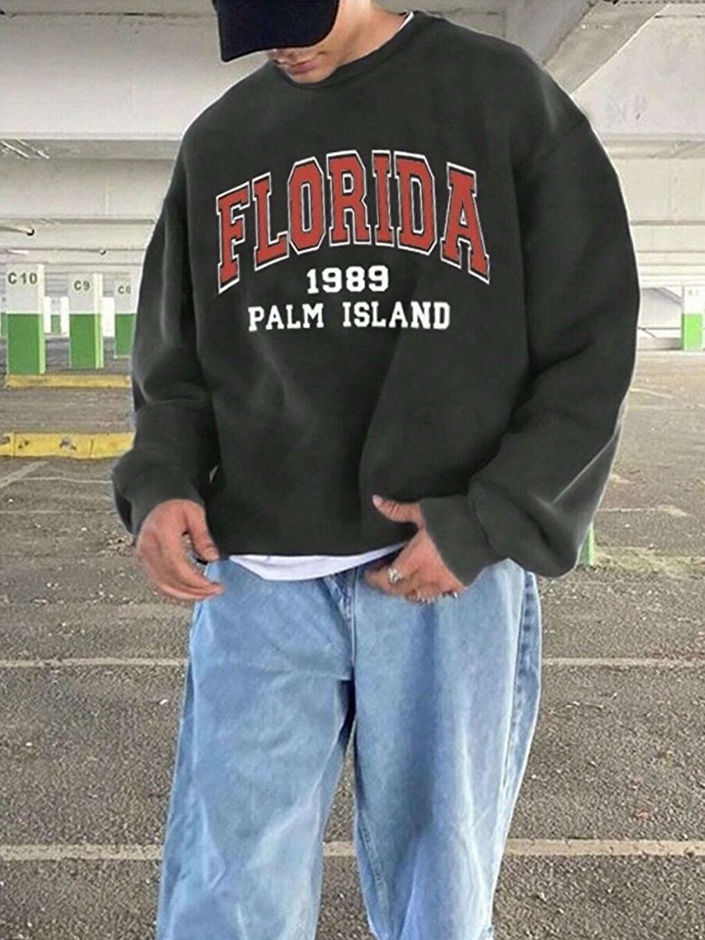 2Li Set Beyaz+Füme Florida Baskılı Bisiklet Yaka Oversize Sweatshirt-1