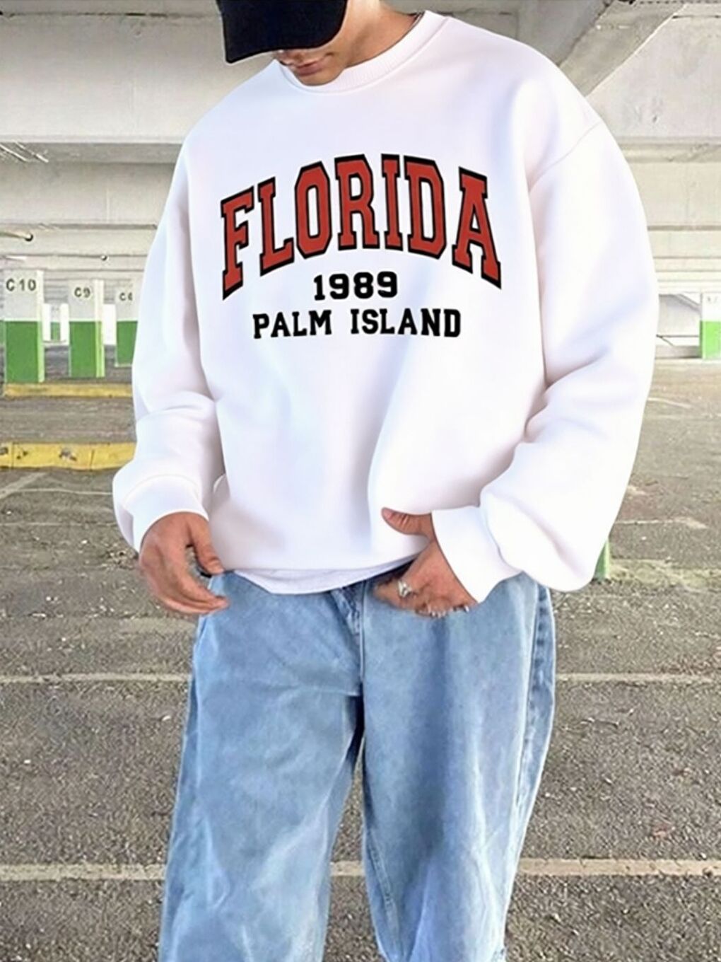 2Li Set Beyaz+Füme Florida Baskılı Bisiklet Yaka Oversize Sweatshirt-2