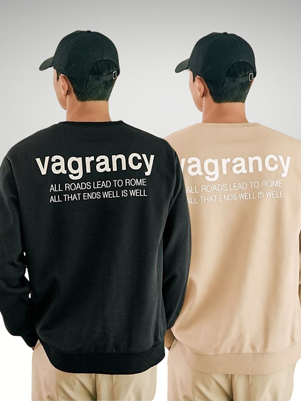 2Li Set Siyah+Bej Vagrancy Baskılı Bisiklet Yaka Oversize Sweatshirt