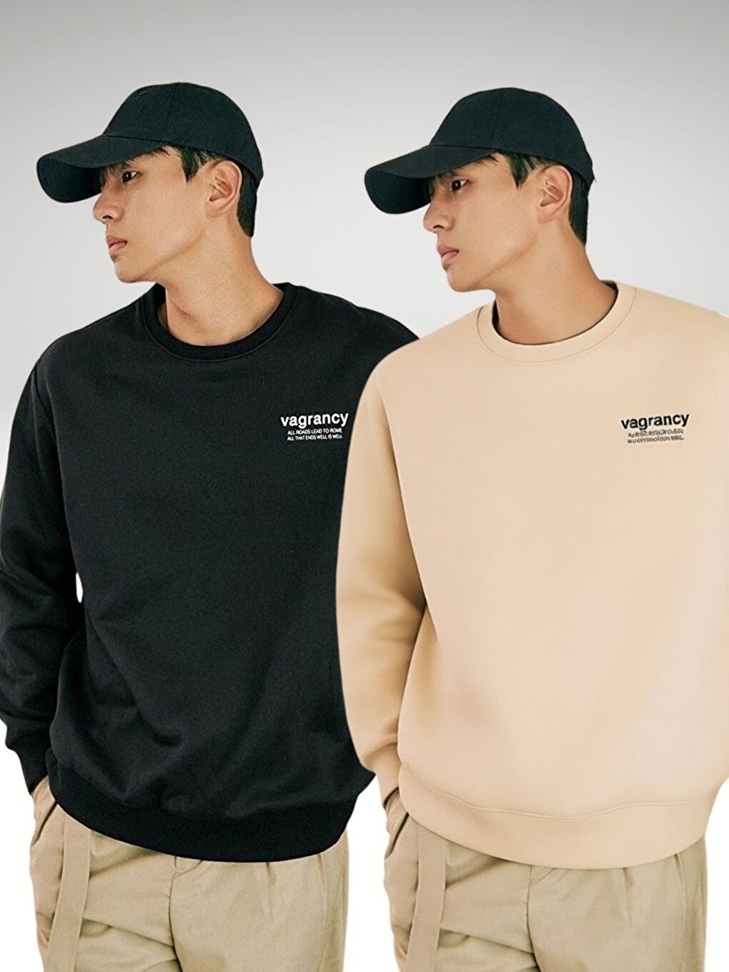 2Li Set Siyah+Bej Vagrancy Baskılı Bisiklet Yaka Oversize Sweatshirt-1