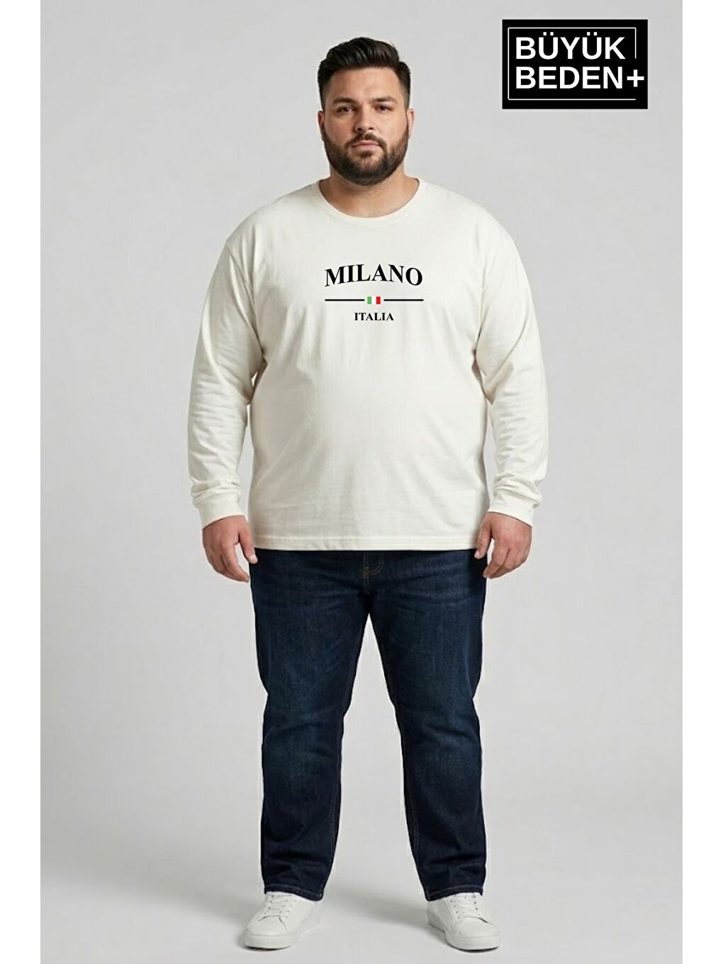 Ekru Erkek Büyük Beden Milano İtalia Baskılı 2 İplik Bisiklet Yaka Tişört SPR26BTS942-9