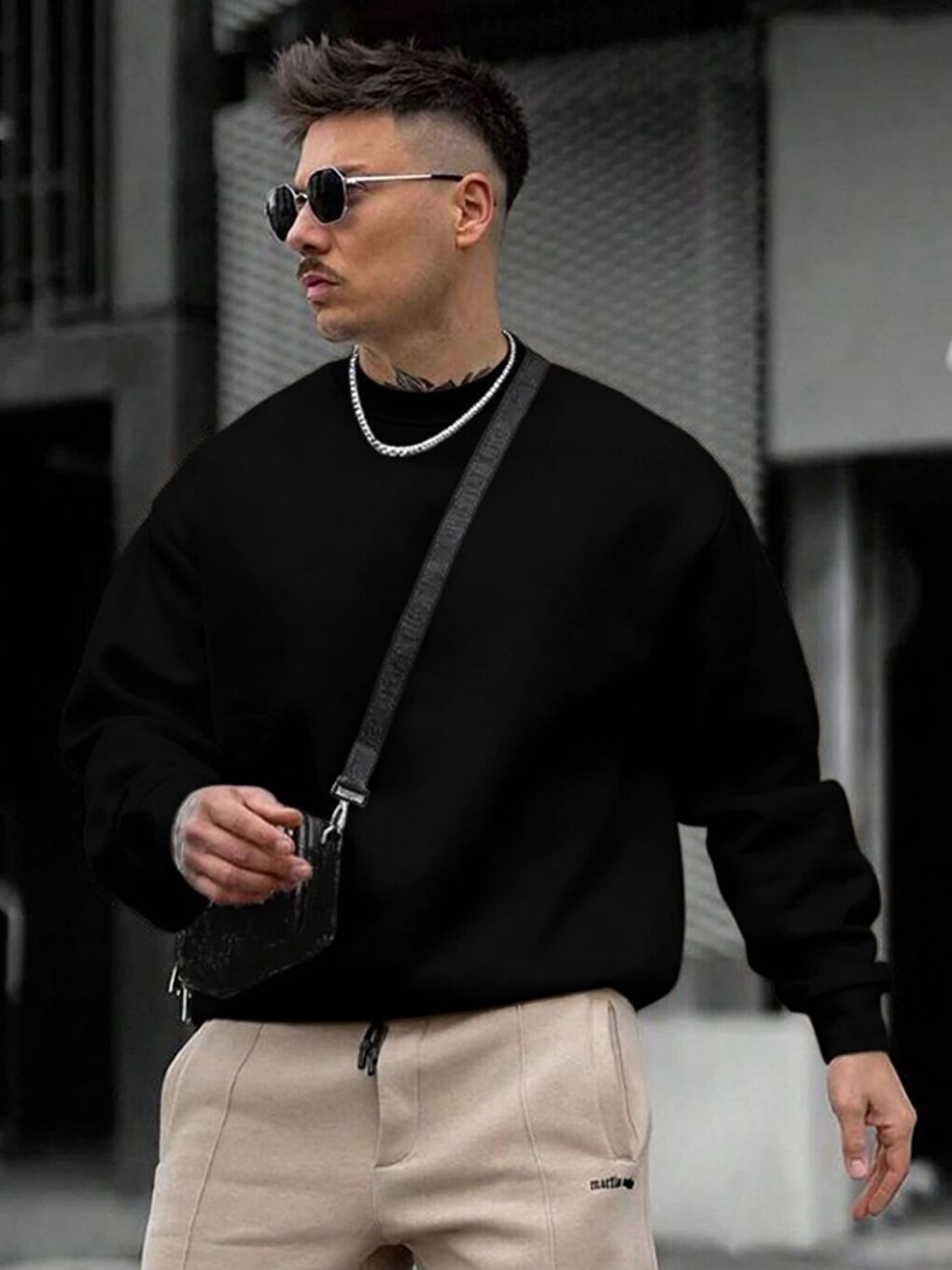 2Li Set Siyah+Bej Düz Bisiklet Yaka Oversize Sweatshirt-2